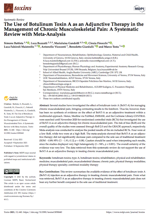 The Use of Botulinum Toxin A as an Adjunctive Therapy in the Management of Chronic Musculoskeletal Pain: A Systematic Review with Meta-Analysis.Battista,S.;Buzzatti,L.; Gandolfi, M.; Finocchi, C.; Falsiroli Maistrello, L.; Viceconti, A.; Giardulli, B.; Testa, M. Toxins 2021,13,640.