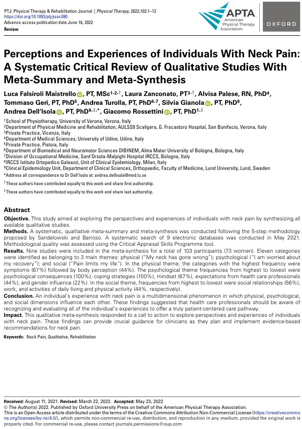 Perceptions and Experiences of Individuals With Neck Pain: A Systematic Critical Review of Qualitative Studies With Meta-Summary and Meta-Synthesis